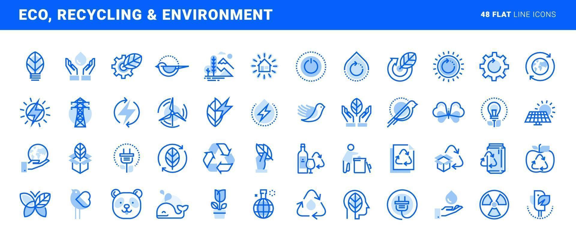 ensemble d'icônes de ligne plate de l'environnement, de la technologie verte, des énergies renouvelables, du recyclage. concepts vectoriels pour la conception et le développement de sites Web et d'applications. vecteur