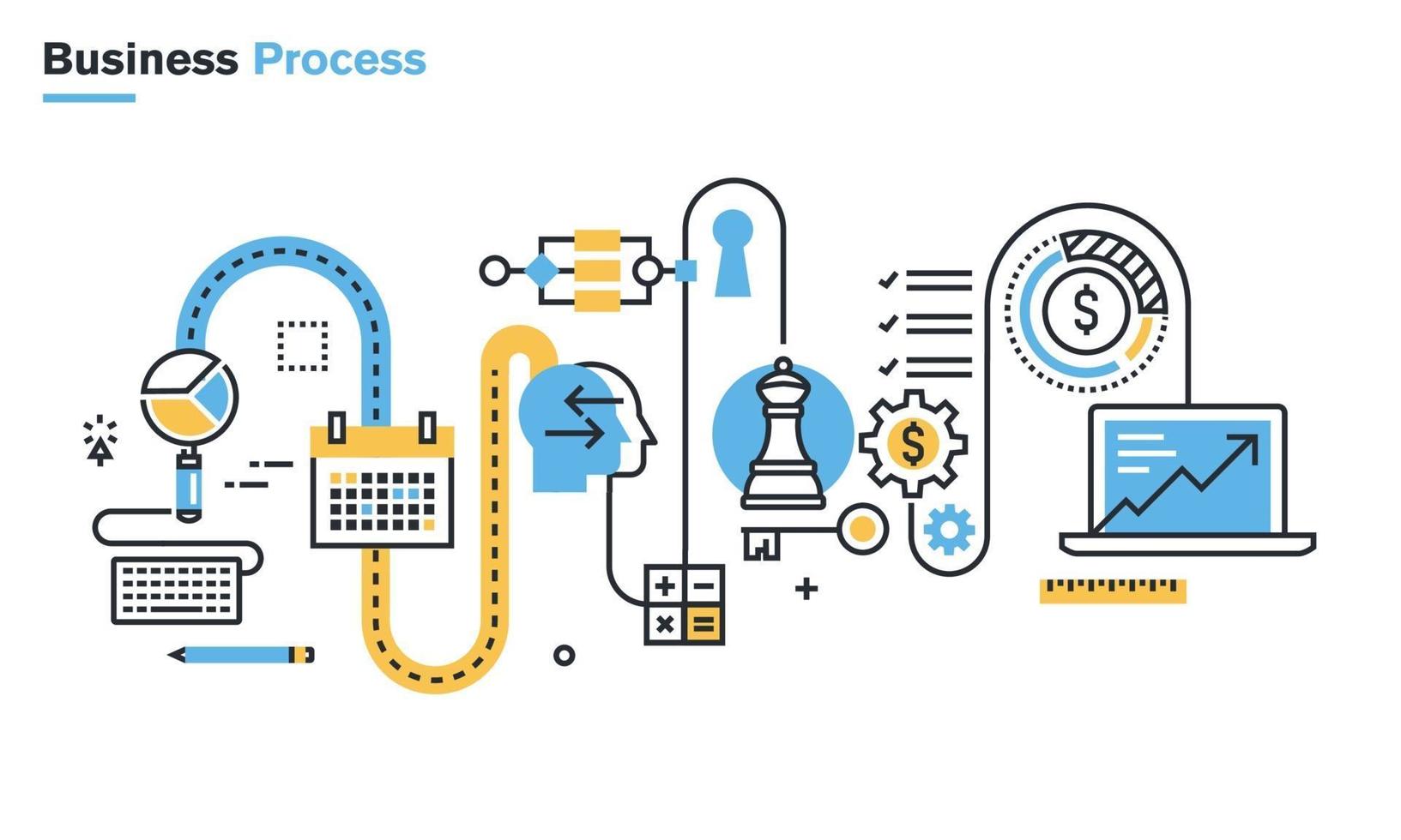 illustration de ligne plate du processus commercial, étude de marché, analyse, planification, gestion d'entreprise, stratégie, finance et investissement, succès commercial. concept de vecteur de design moderne pour les bannières web et les documents imprimés, isolé sur fond blanc.