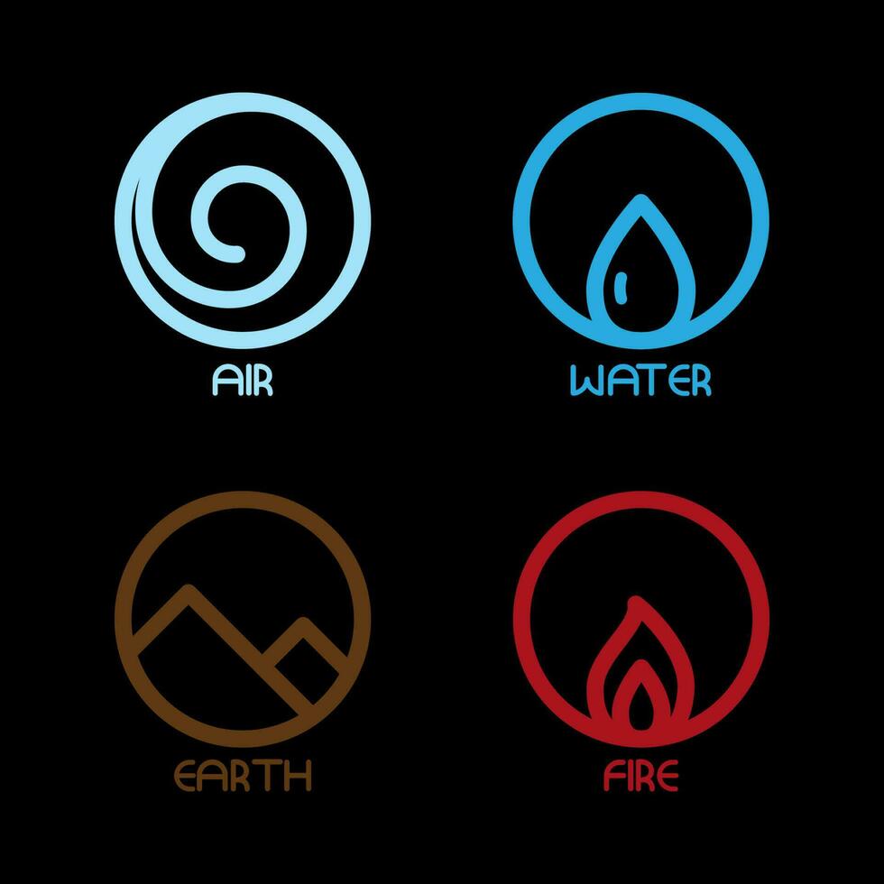 quatre éléments. feu, air, eau, Terre. symboles. cercle icône contour illustration vecteur
