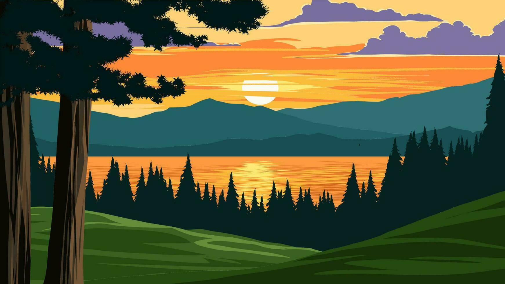 Lac le coucher du soleil paysage avec Montagne dans Contexte vecteur