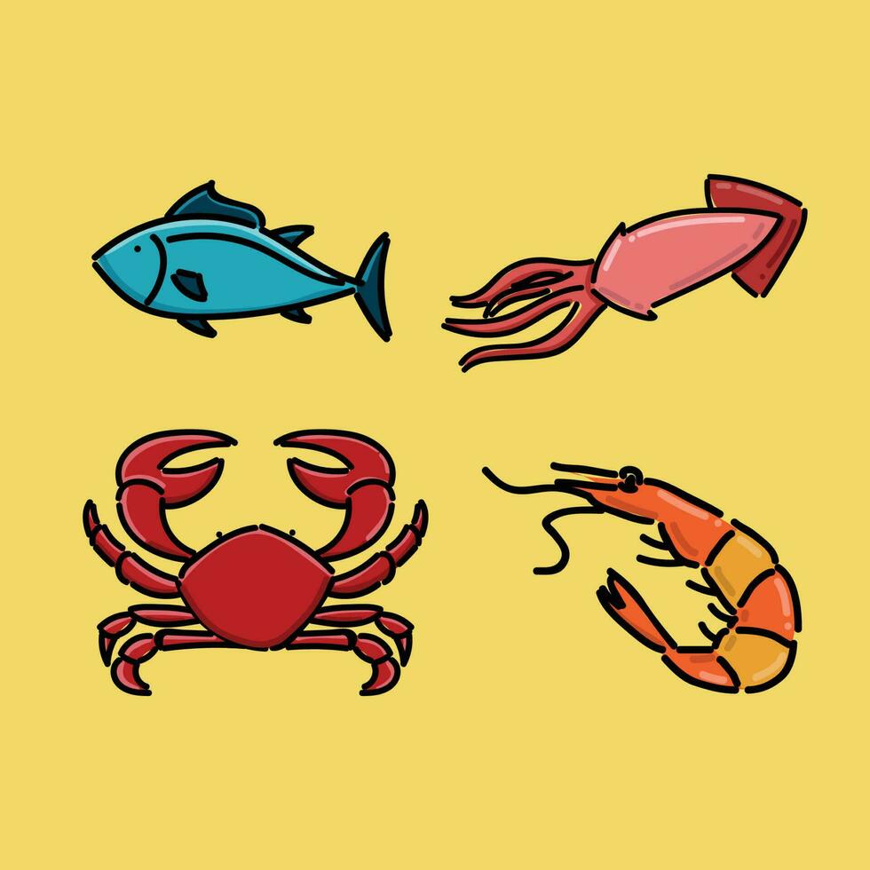 dessin animé Fruit de mer. Frais poisson, Crabe et thon. brut des produits pour magasin ou restaurant. en bonne santé nourriture comme crevettes et calamars pour délicatesse plats. aquatique créatures pour marché vecteur ensemble