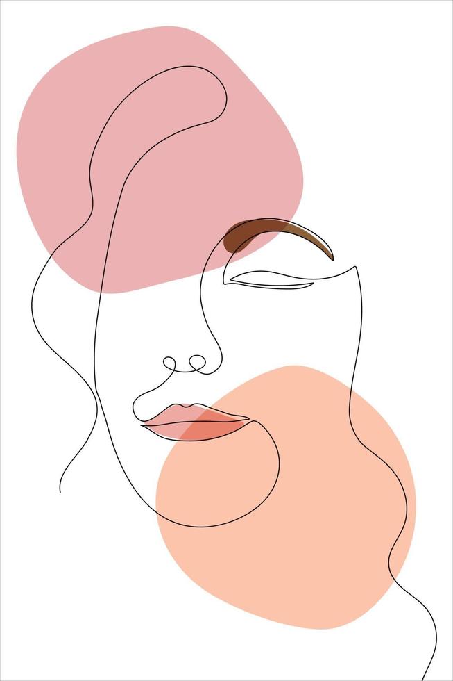 Dessin au trait doodle illustration de visage de femme avec contour continu yeux fermés close-up portrait de femme avec forme abstraite vecteur