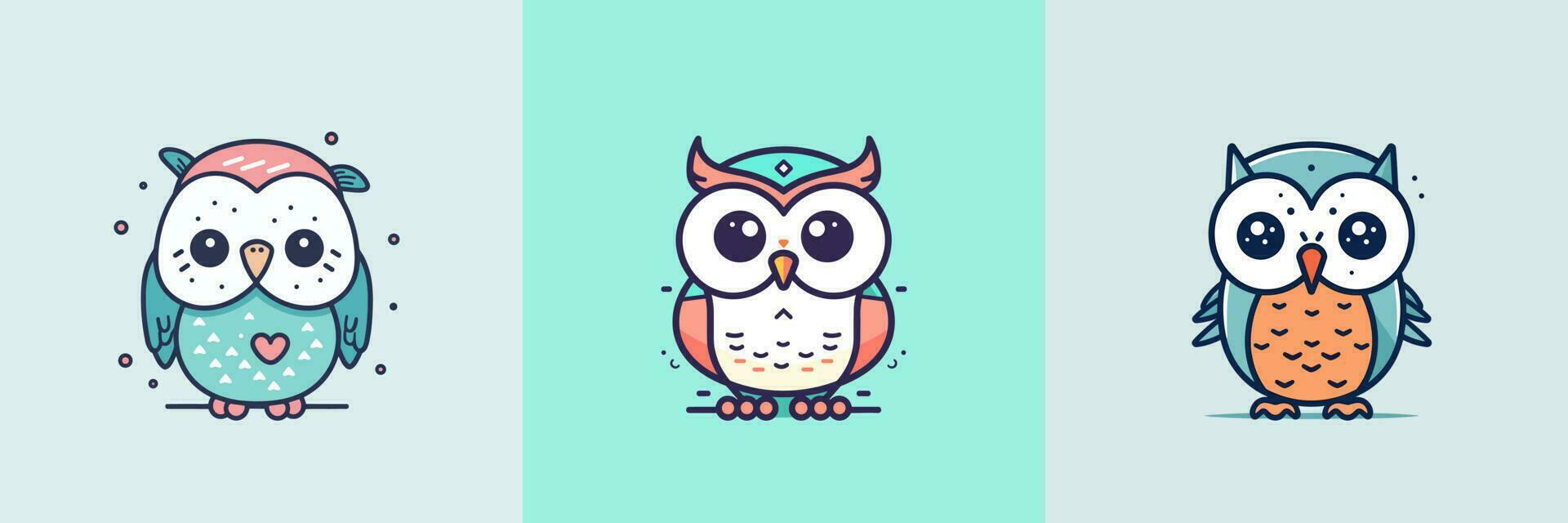 mignonne bébé hibou mascotte kawaii dessin animé oiseau illustration ensemble collection vecteur