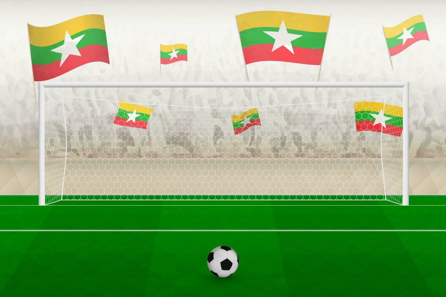 myanmar Football équipe Ventilateurs avec drapeaux de myanmar applaudissement sur stade, peine donner un coup concept dans une football correspondre. vecteur