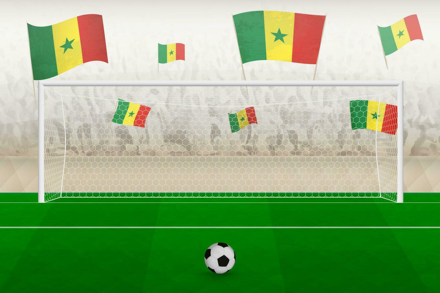 Sénégal Football équipe Ventilateurs avec drapeaux de Sénégal applaudissement sur stade, peine donner un coup concept dans une football correspondre. vecteur