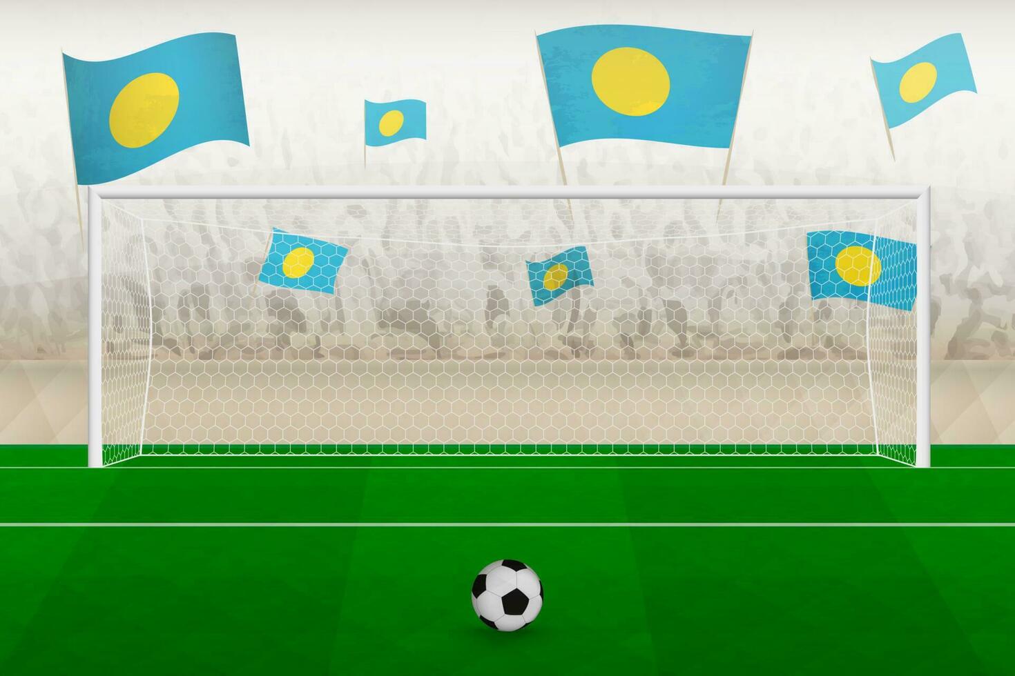 Palau Football équipe Ventilateurs avec drapeaux de Palau applaudissement sur stade, peine donner un coup concept dans une football correspondre. vecteur