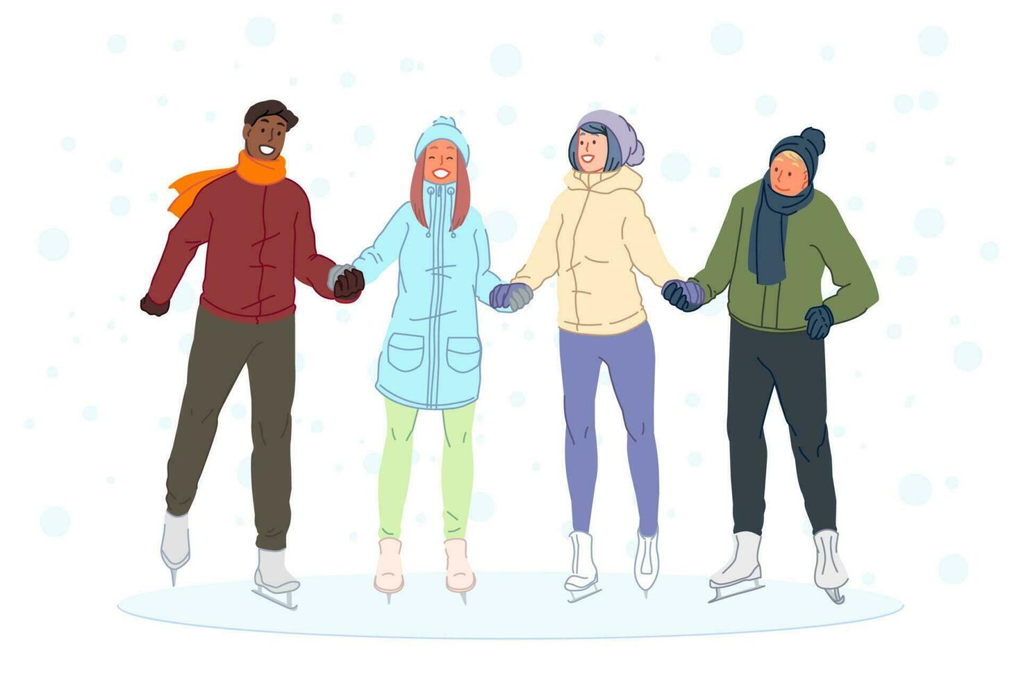 Patinage sur glace avec copains garçons, les filles hiver divertissement, relation amicale concept. vecteur