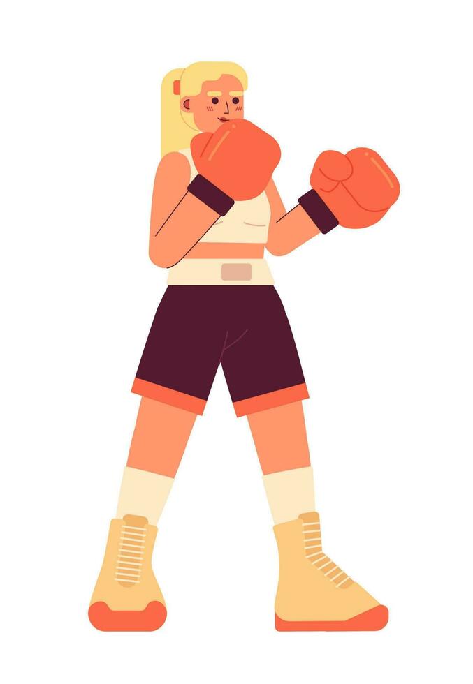 kickboxing Jeune femme semi plat coloré vecteur personnage. blond caucasien fille portant boxe gants. modifiable plein corps la personne sur blanche. Facile dessin animé place illustration pour la toile graphique conception