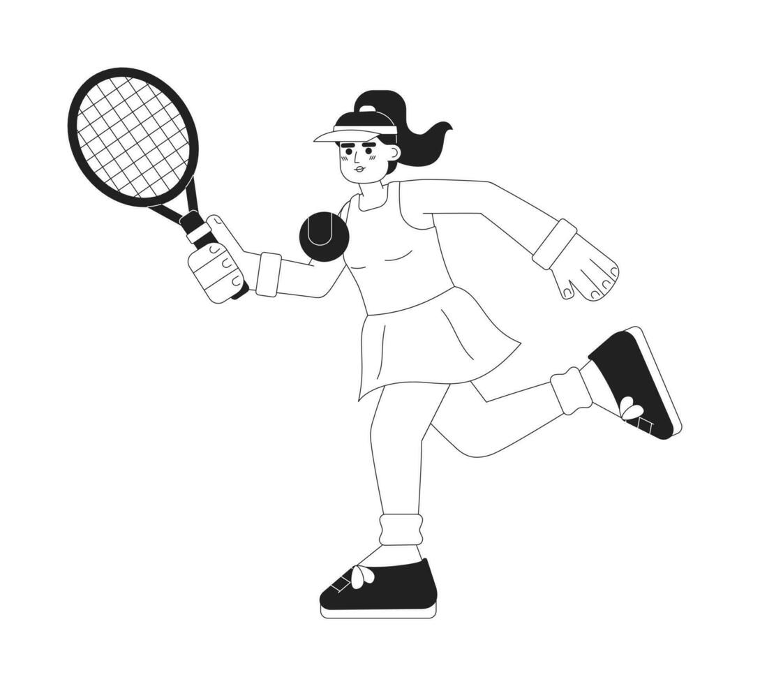 fille tennis joueur monochromatique plat vecteur personnage. professionnel femelle athlète avec raquette. modifiable mince ligne plein corps la personne sur blanche. Facile bw dessin animé place image pour la toile graphique conception