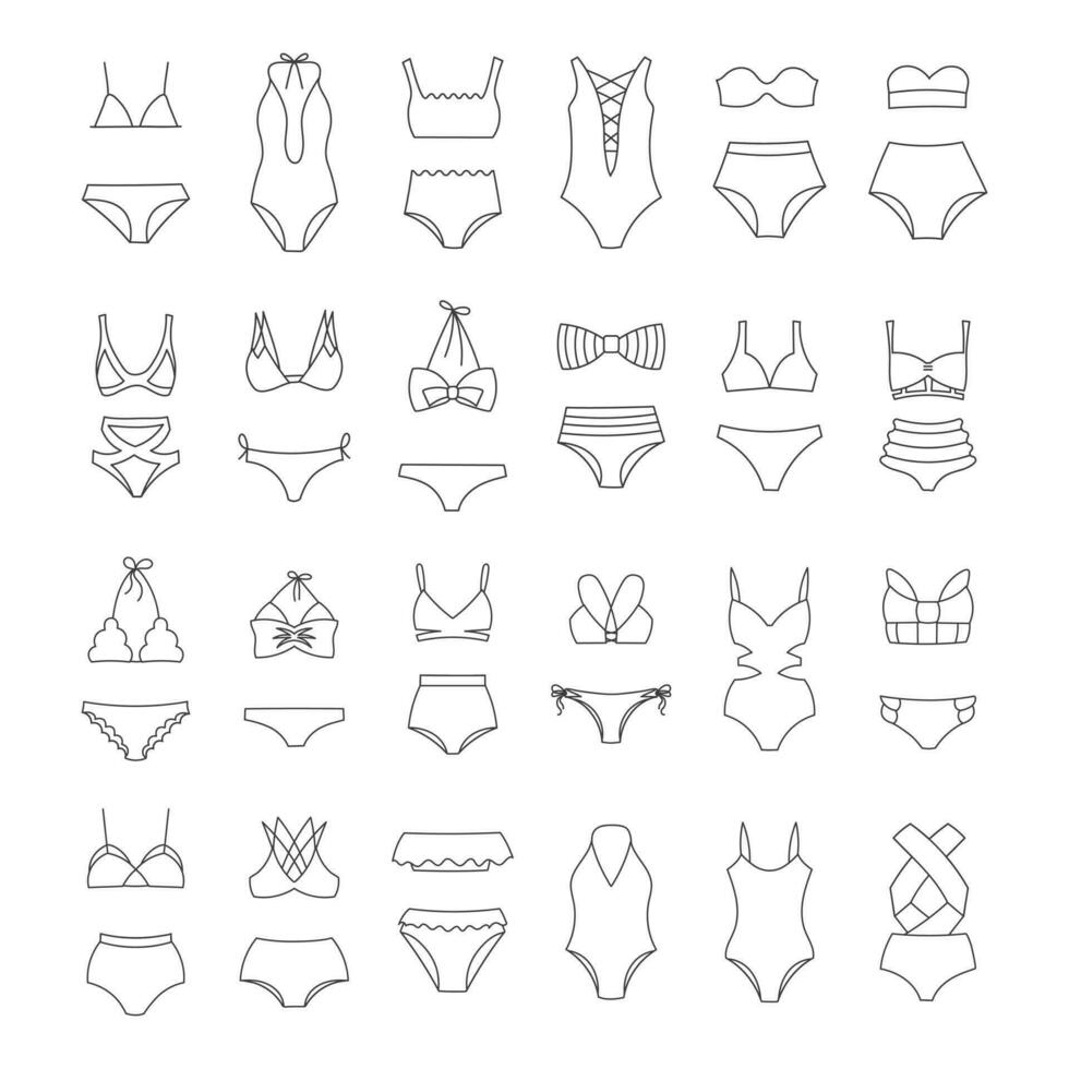 ensemble de ligne dessins de aux femmes maillots de bain, maillots de bain bikini sur une blanc Contexte. aux femmes Vêtements Icônes, esquisser, vecteur