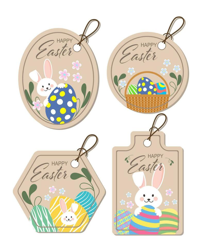 ensemble de Pâques autocollants, Étiquettes. mignonne Pâques lapin avec des œufs et fleurs. cartes postales, autocollants, dessin animé puéril style, vecteur