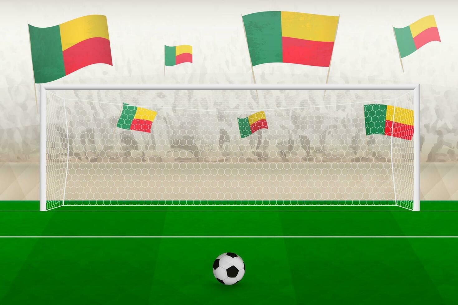 Bénin Football équipe Ventilateurs avec drapeaux de Bénin applaudissement sur stade, peine donner un coup concept dans une football correspondre. vecteur