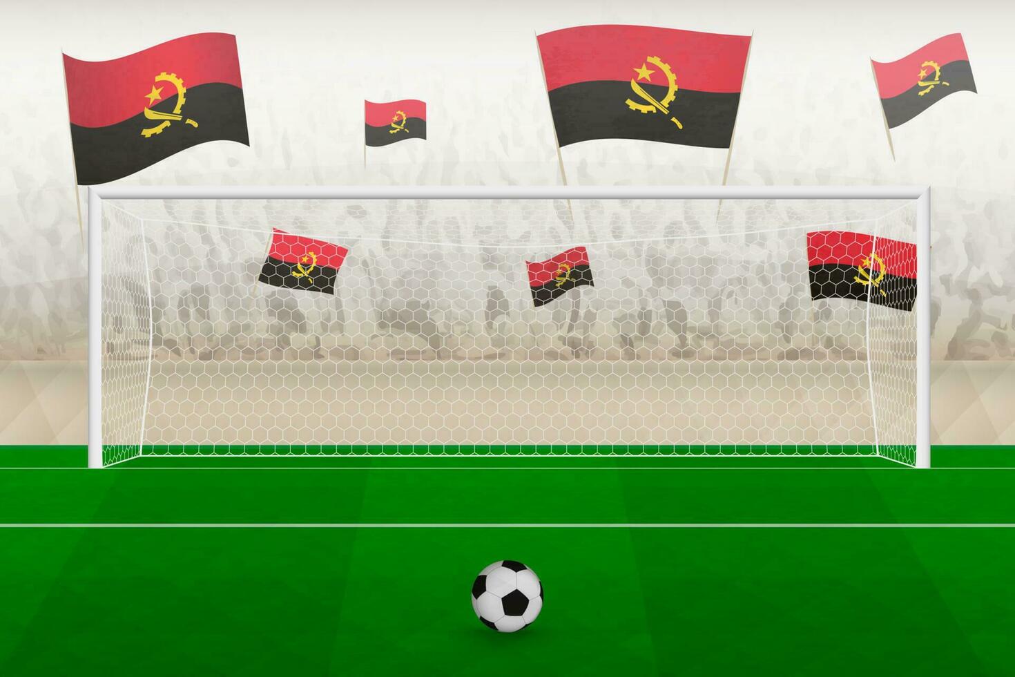 angola Football équipe Ventilateurs avec drapeaux de angola applaudissement sur stade, peine donner un coup concept dans une football correspondre. vecteur