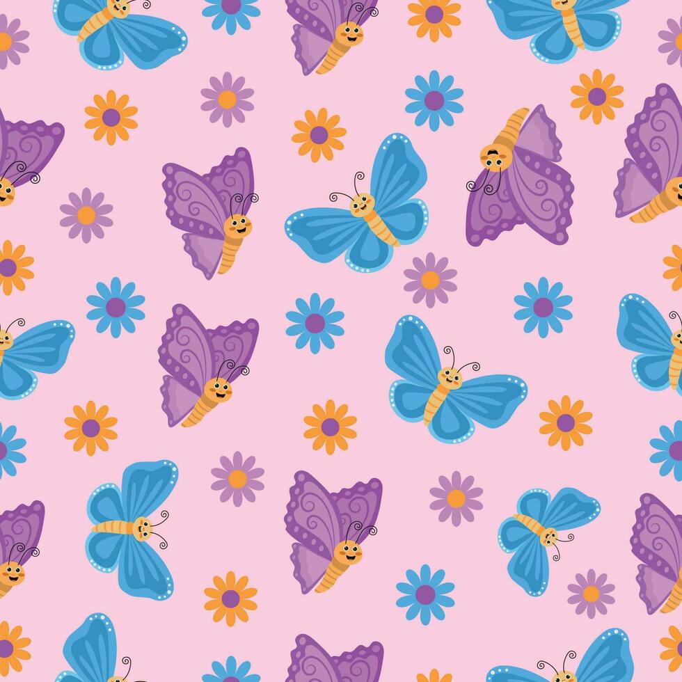 modèle sans couture avec dessin animé papillons et fleurs. papillons sur une lilas Contexte. vecteur