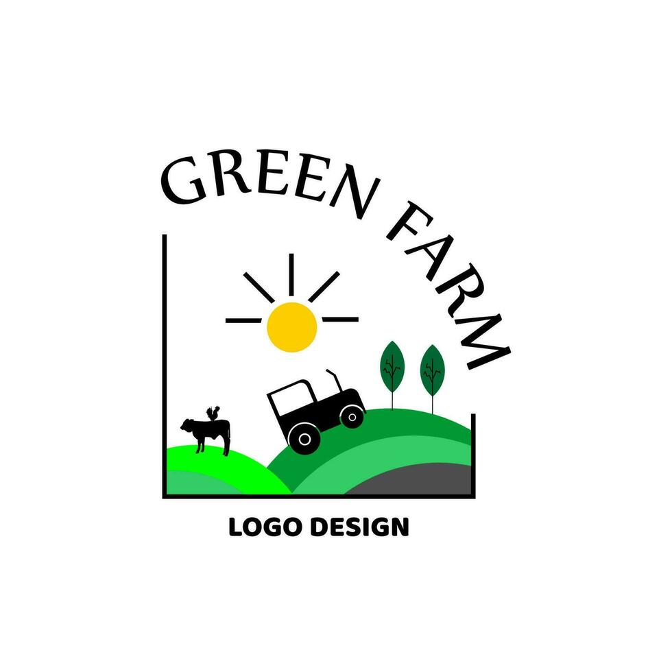 vert ferme logo modèle, avec vache, poulet et tracteur.vecteur illustration vecteur