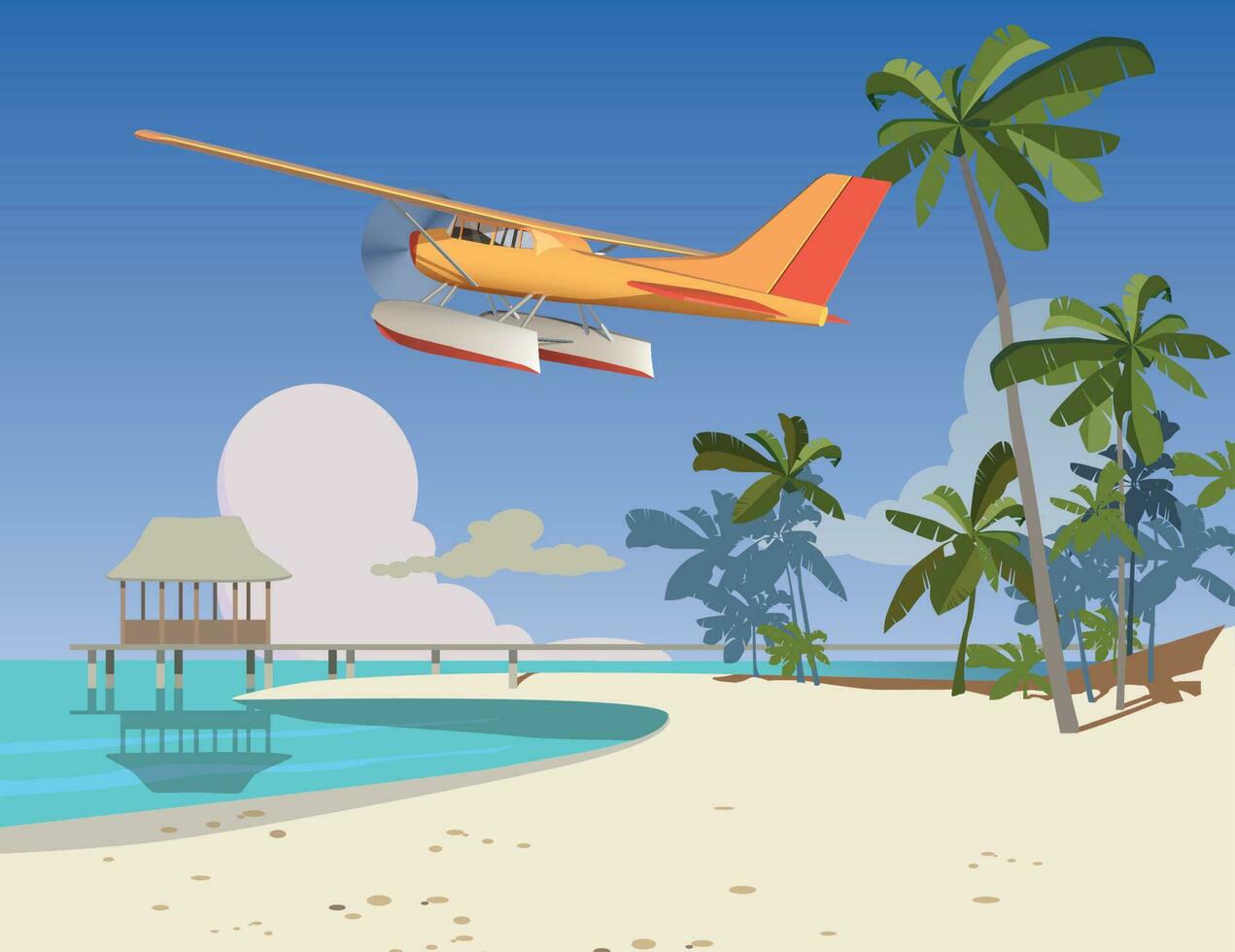 amphibie avion mouches plus de une Hôtel sur un île. vecteur. vecteur