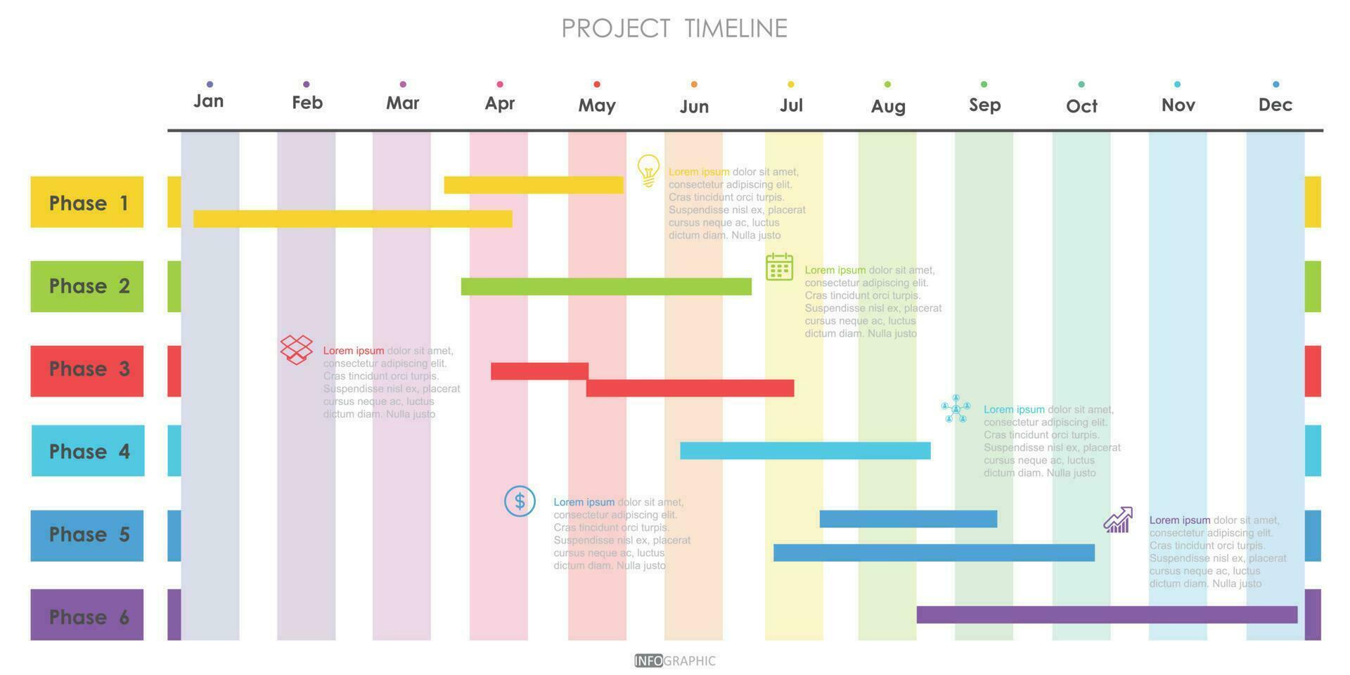 projet chronologie diagramme infographie feuille de route modèle pour entreprise. 12 mois moderne chronologie diagramme calendrier avec présentation vecteur infographie.