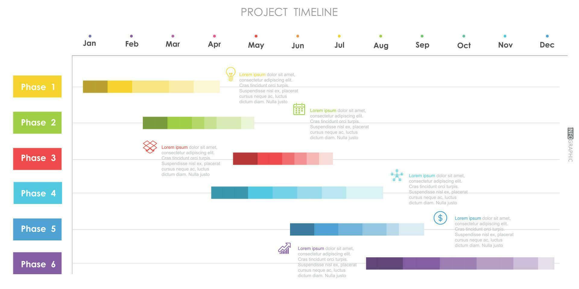 projet chronologie diagramme infographie feuille de route modèle pour entreprise. 12 mois moderne chronologie diagramme calendrier avec présentation vecteur infographie.