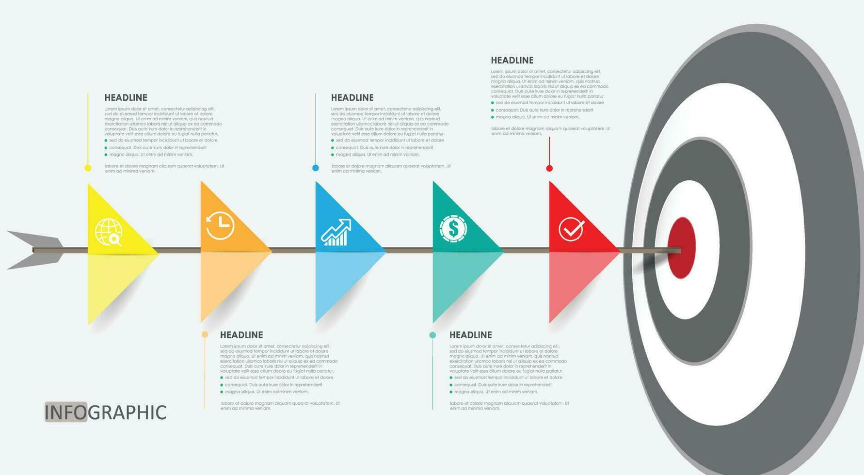 infographie carte mentale conception modèle . Créatif concept La Flèche avec 5 pas vecteur