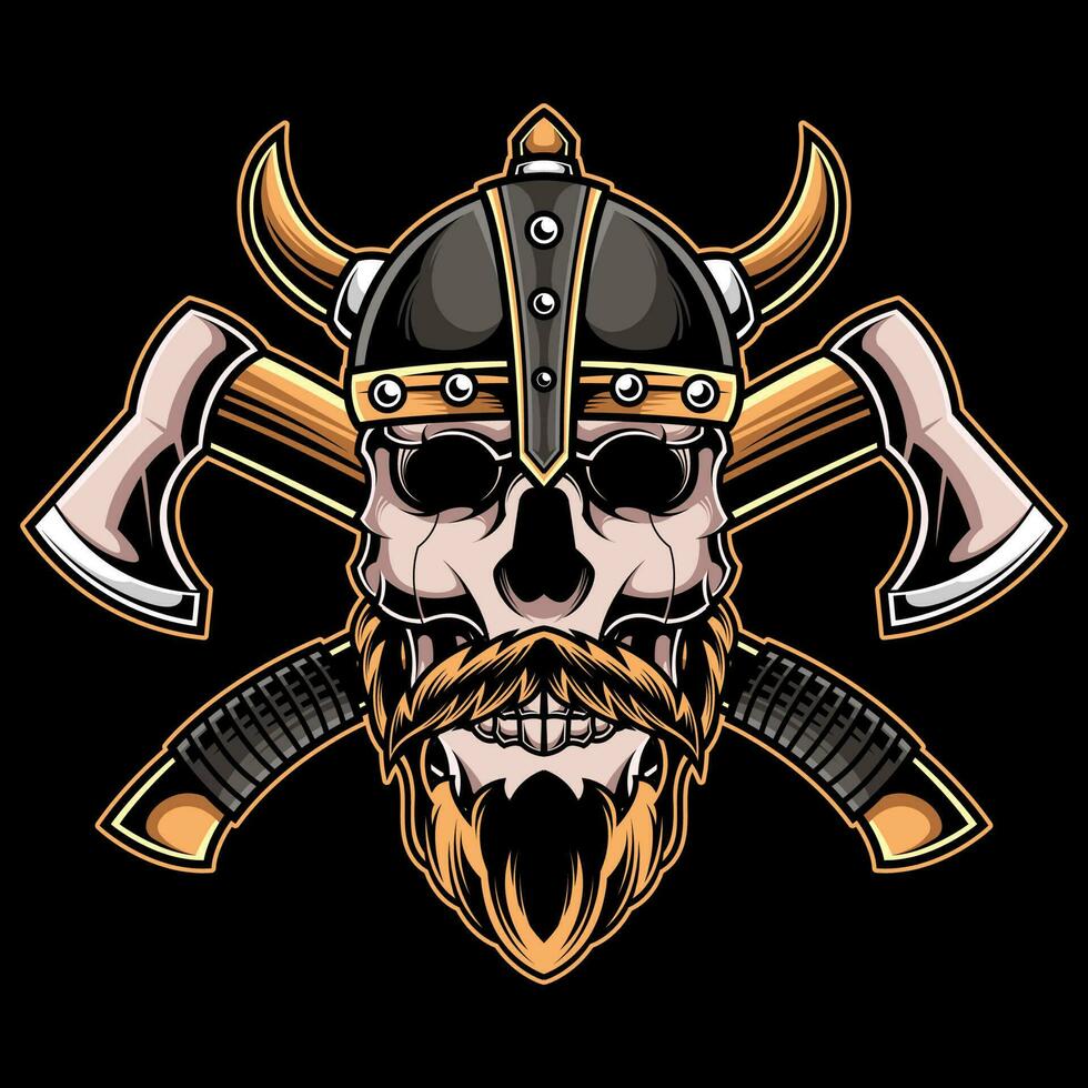 illustration de crâne tête portant une viking casque et hache vecteur