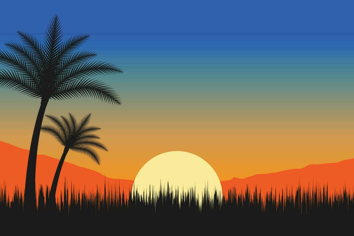 été le coucher du soleil plage vecteur arrière-plan, le coucher du soleil scène paysage arrière-plan, tropical plage paysage illustration, le coucher du soleil plage avec paume des arbres vecteur arrière-plan, pente plage paysage Contexte