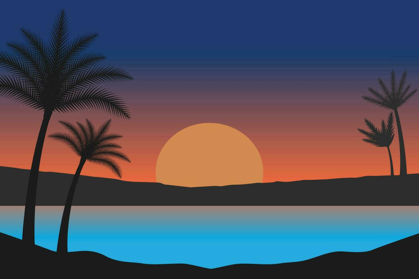 été le coucher du soleil plage vecteur arrière-plan, le coucher du soleil scène paysage arrière-plan, tropical plage paysage illustration, le coucher du soleil plage avec paume des arbres vecteur arrière-plan, pente plage paysage Contexte