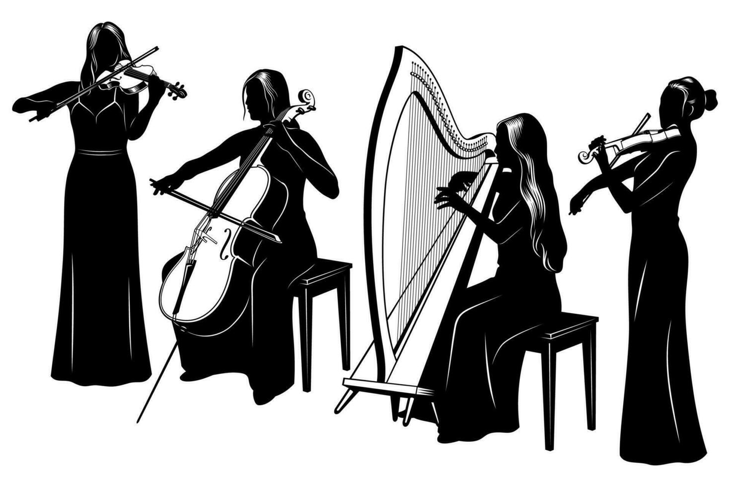 chaîne quatuor silhouettes ensemble. femmes orchestre en jouant sur violons, violoncelle et celtique harpe symphonique musique. vecteur cliparts isolé sur blanche.
