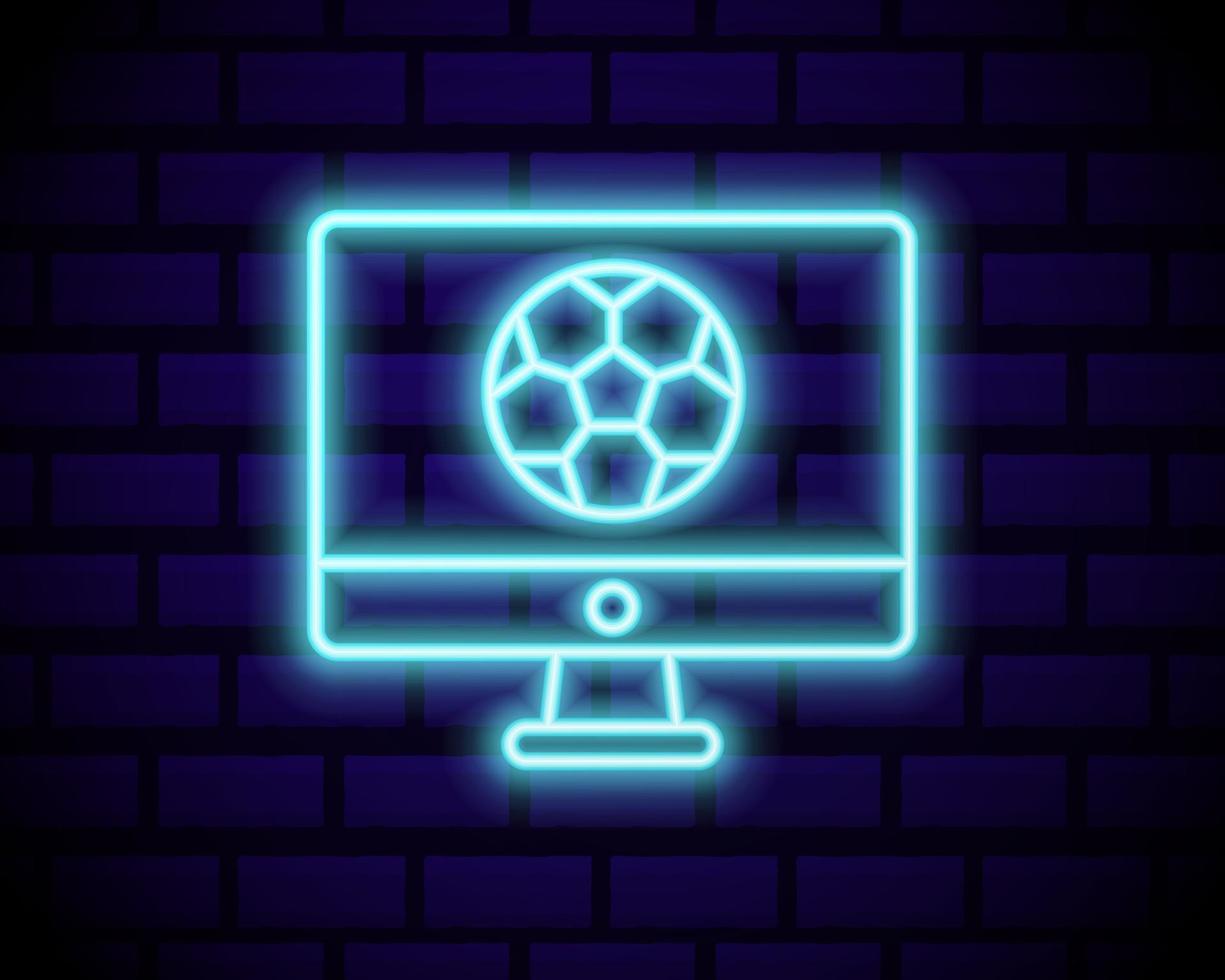 vecteur de signe au néon de football en direct. néon de logo de football en direct, emblème de modèle de conception, symbole de football en ligne, bannière lumineuse, publicité de football de nuit lumineuse, signe de football européen. illustration vectorielle isolée sur le mur de briques.