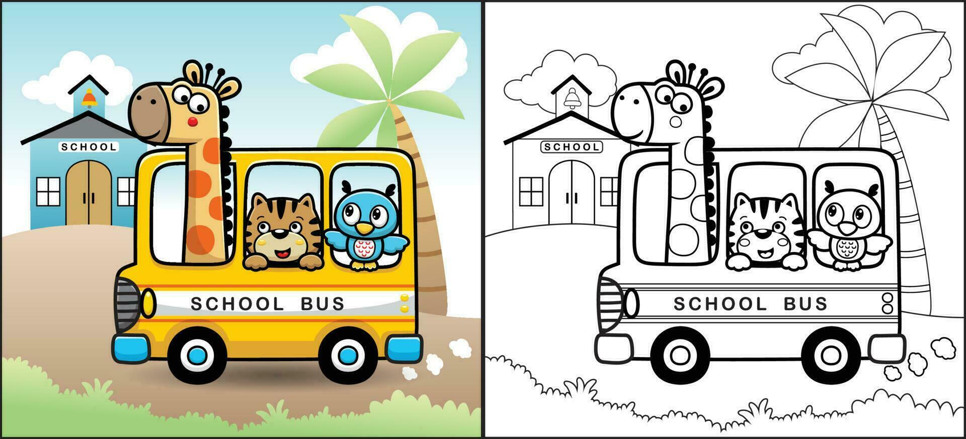 coloration livre ou page de marrant animaux dessin animé sur école autobus Aller à école vecteur