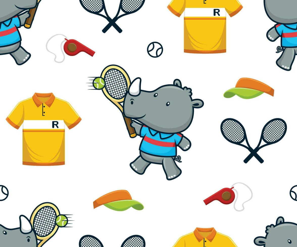 sans couture modèle vecteur de dessin animé rhinocéros en jouant tennis, tribunal tennis sport éléments