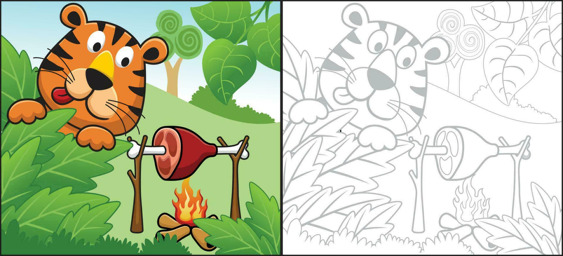 vecteur dessin animé de marrant tigre grillage Viande dans forêt. coloration livre ou page