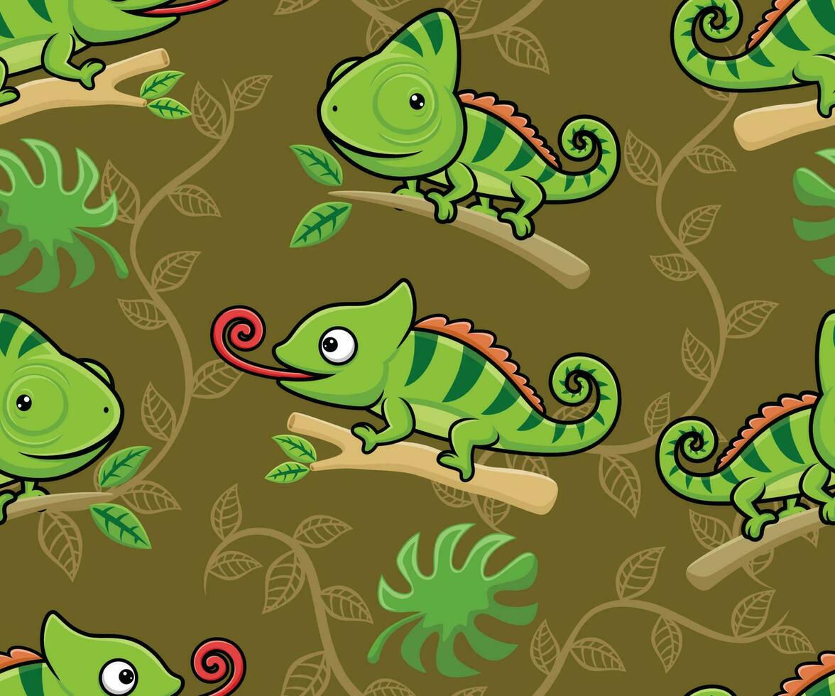 sans couture modèle vecteur de dessin animé caméléon sur arbre branches avec feuille sur vignes Contexte