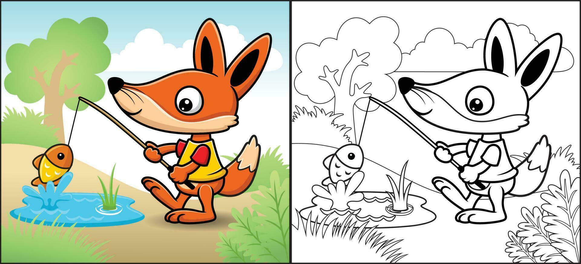 coloration livre ou page de dessin animé marrant Renard pêche dans forêt vecteur