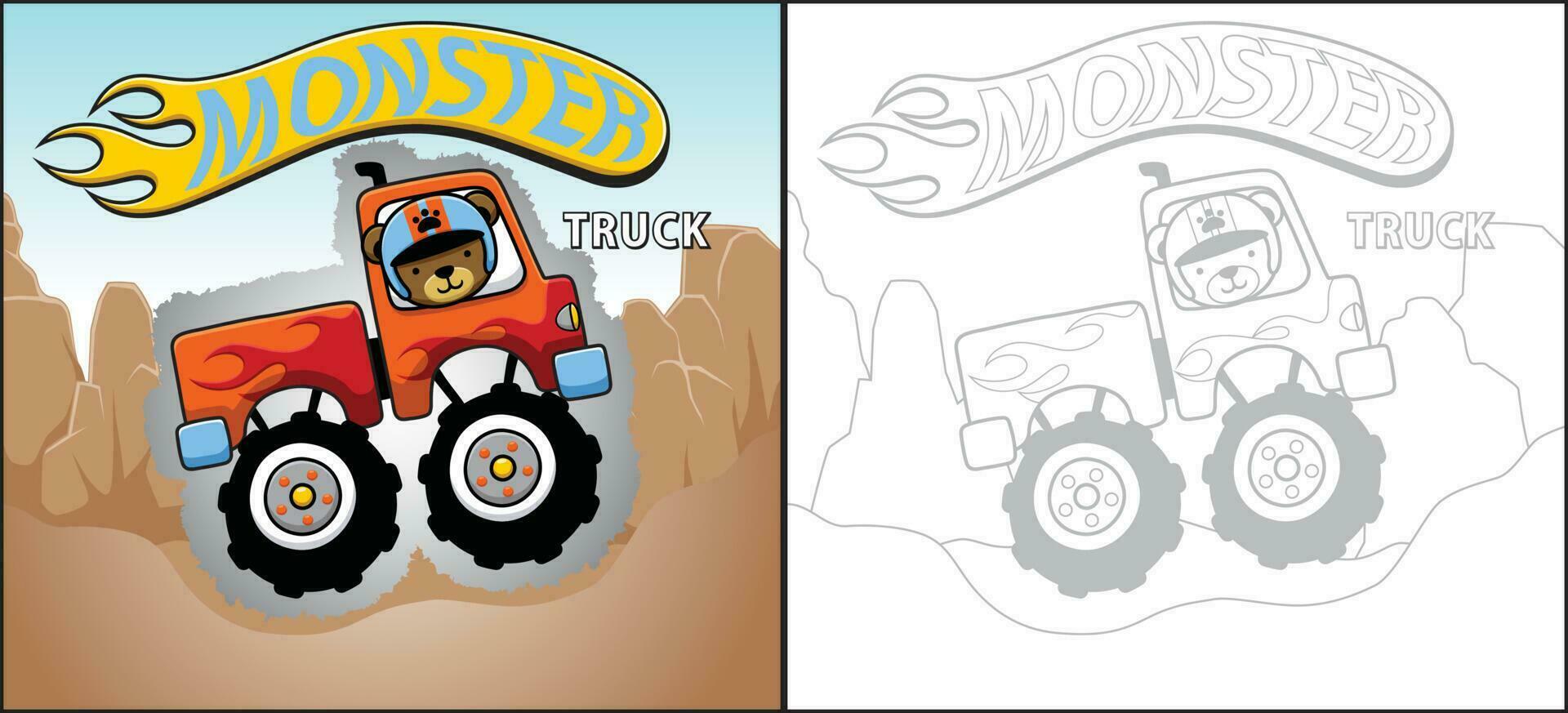 dessin animé de mignonne ours conduite monstre un camion sur montagnes Roche Contexte. coloration livre ou page vecteur
