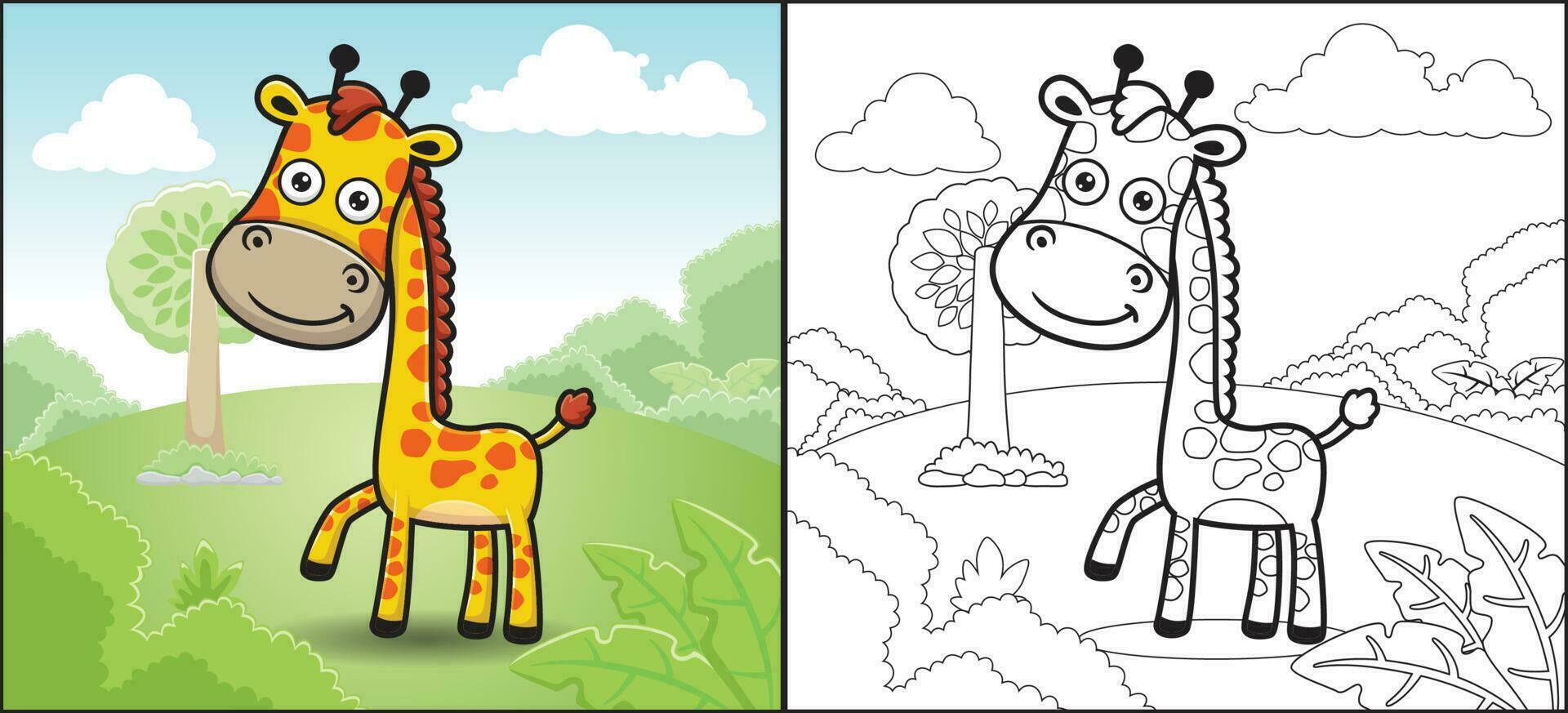 coloration livre ou page de marrant girafe dessin animé dans forêt sur bleu ciel Contexte vecteur