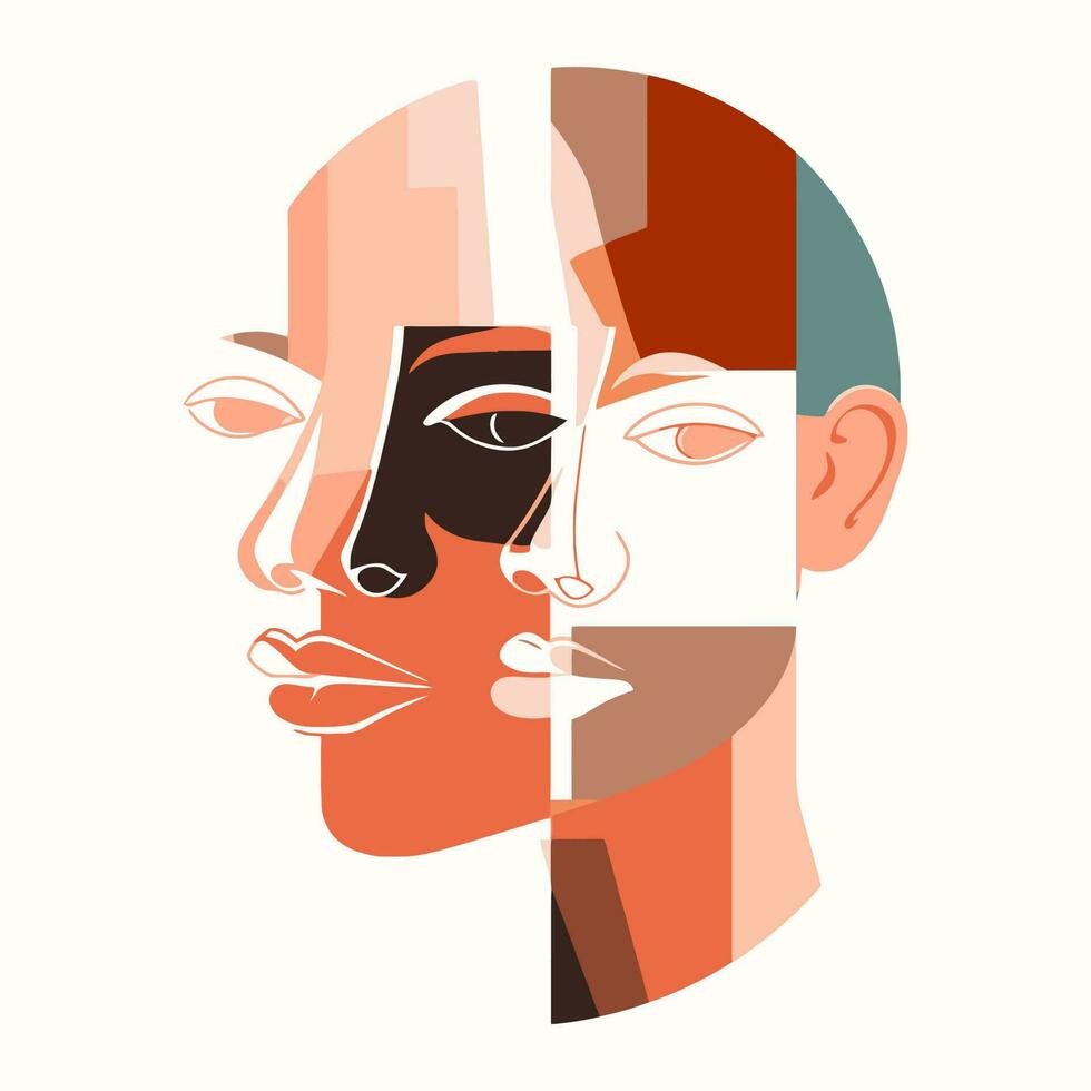 minimaliste abstrait femme visage art différent peau couleurs et multiracial, non racisme, la diversité concept vecteur