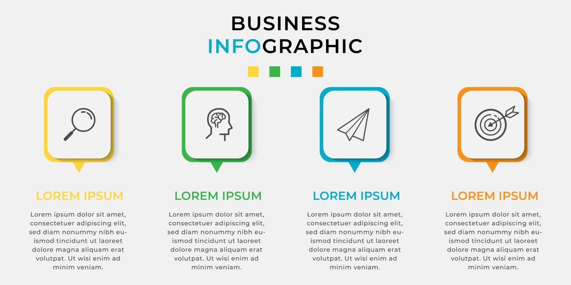 chronologie du modèle infographie entreprise minimale avec options de 4 étapes et icônes marketing vecteur