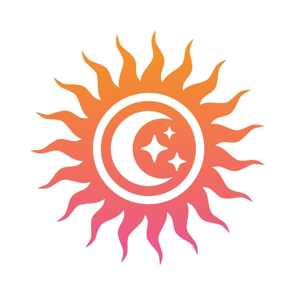 Soleil icône logo avec croissant lune et étoiles à l'intérieur vecteur
