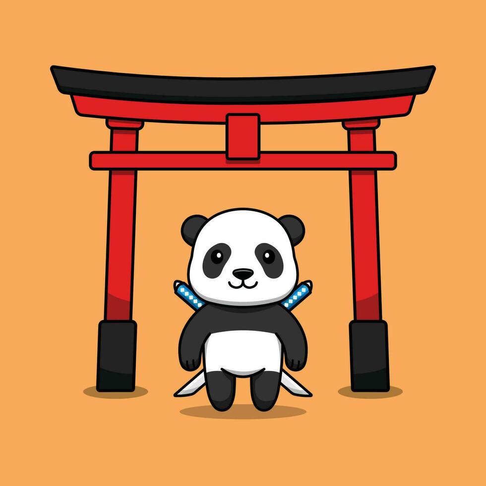 mignonne Panda dessin animé personnage et tori portail, Japonais culture et traditionnel thème, vecteur illustration