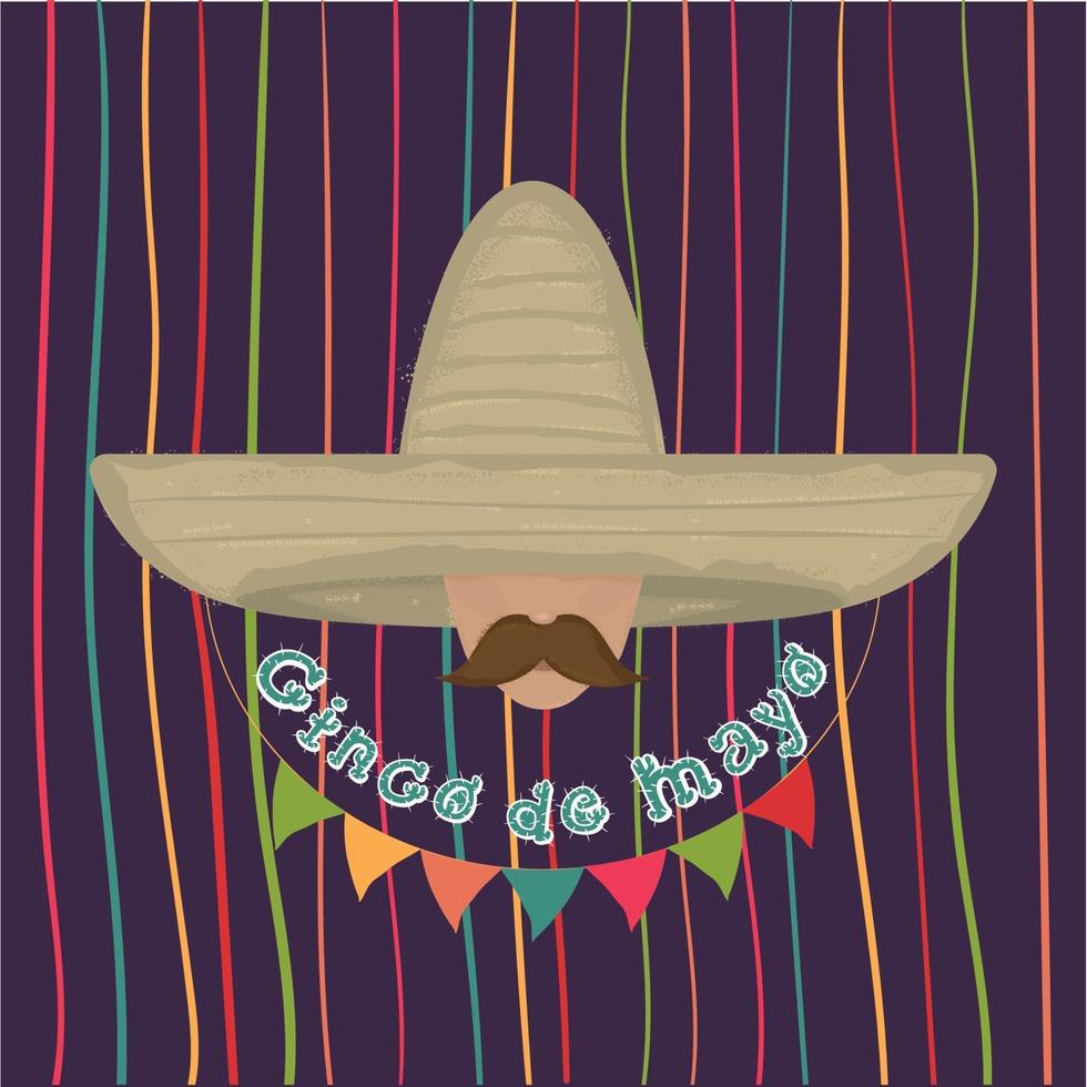 visage d'homme avec un chapeau mexicain traditionnel et une moustache affiche cinco de mayo vecteur