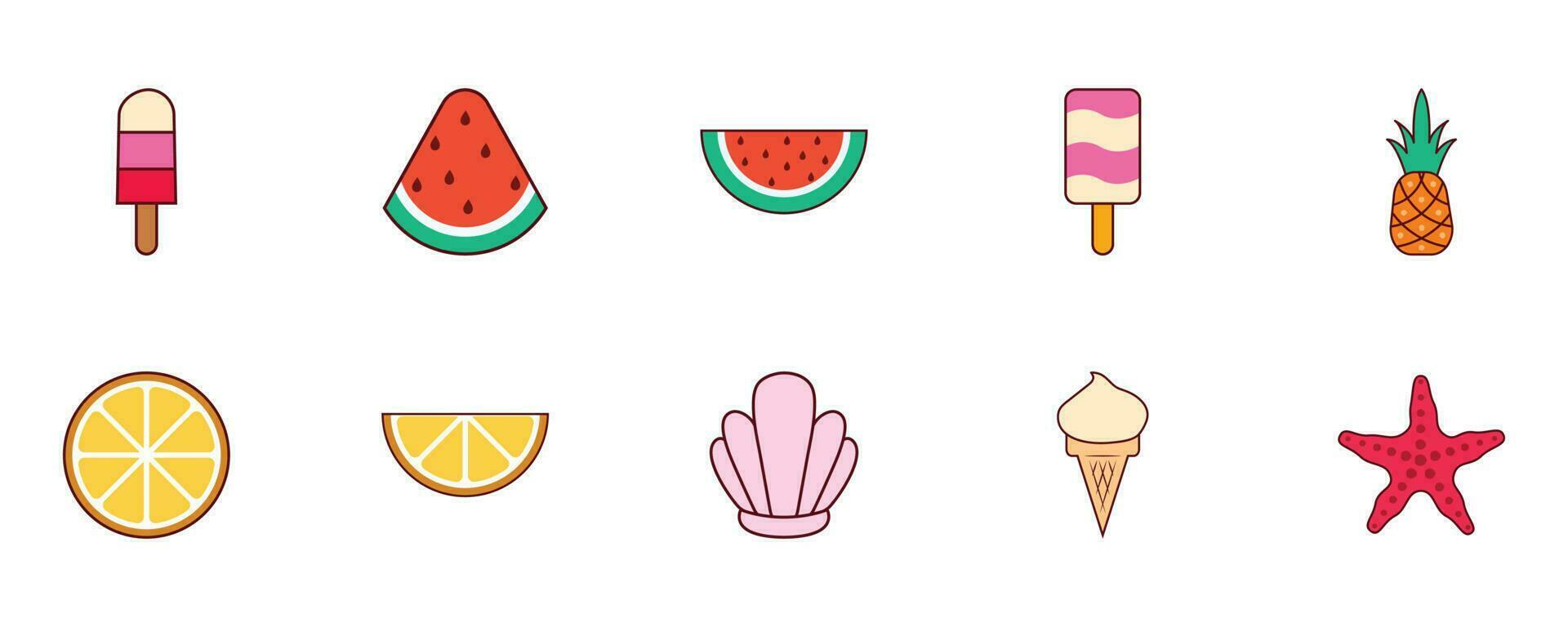 ensemble de été icône dans plat style. la glace crème, pastèque, ananas, orange, coquille, et étoile de mer. vecteur
