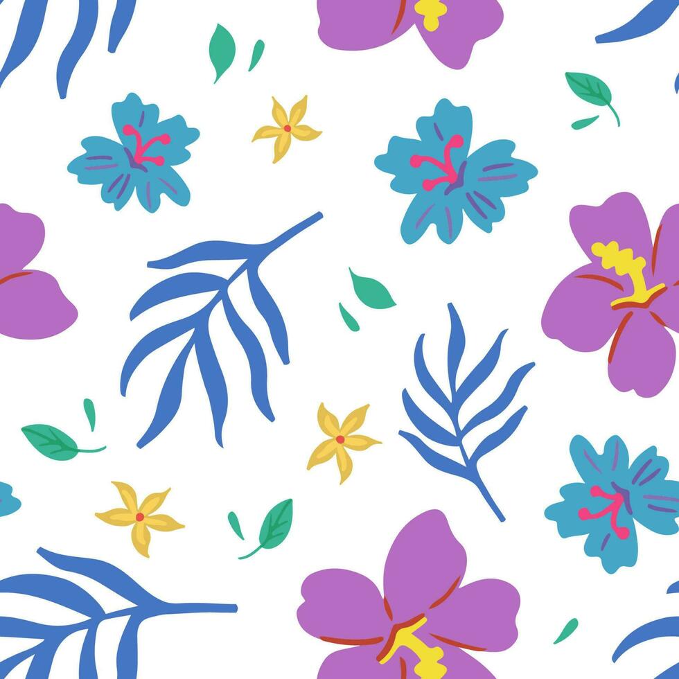 sans couture tropical modèle avec hibiscus, bleu et Jaune fleurs sur blanc Contexte. main tiré minimalisme vecteur illustration pour été romantique couverture, tropical fond d'écran, impressions, emballage, textile