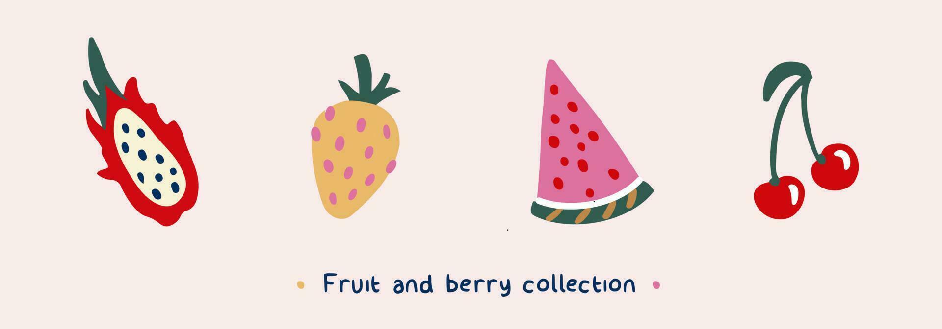 fruit et baie vecteur collection. main tiré clipart de pastèque tranche, cerise, dragon fruit, fraise