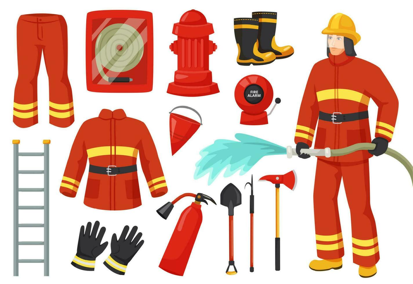 dessin animé sapeur pompier personnage avec Feu combat équipement et outils. pompier uniforme, bouche d'incendie, Feu alarme, extincteur, coupe-feu vecteur ensemble