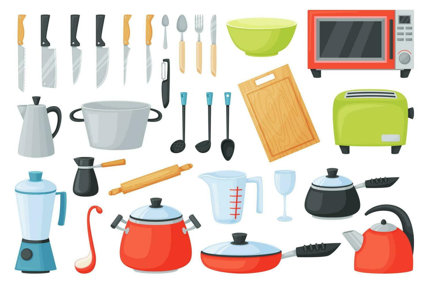 dessin animé cuisine ustensiles, cuisine outils et appareils électroménagers, ustensiles de cuisine. casserole, friture poêle, coutellerie, four micro onde, ustensiles de cuisine équipement vecteur ensemble