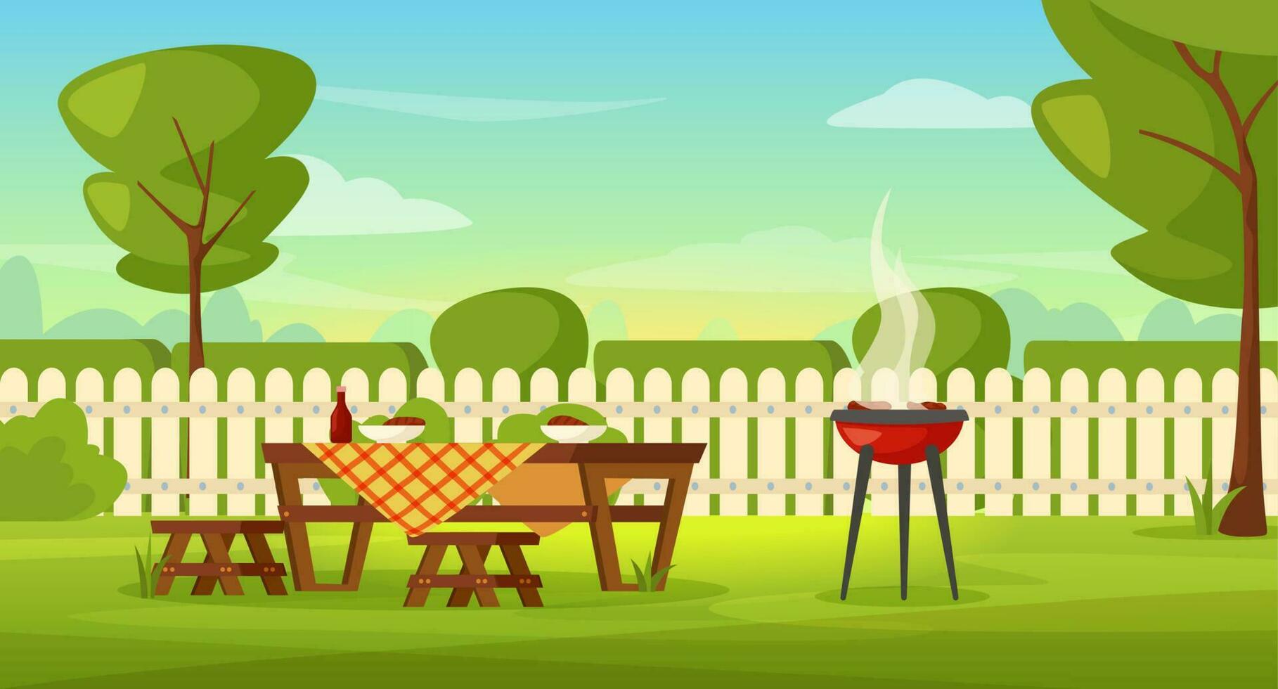 famille barbecue dans maison arrière-cour avec gril et pique-nique tableau. Extérieur un barbecue été fête dans jardin patio dessin animé vecteur illustration