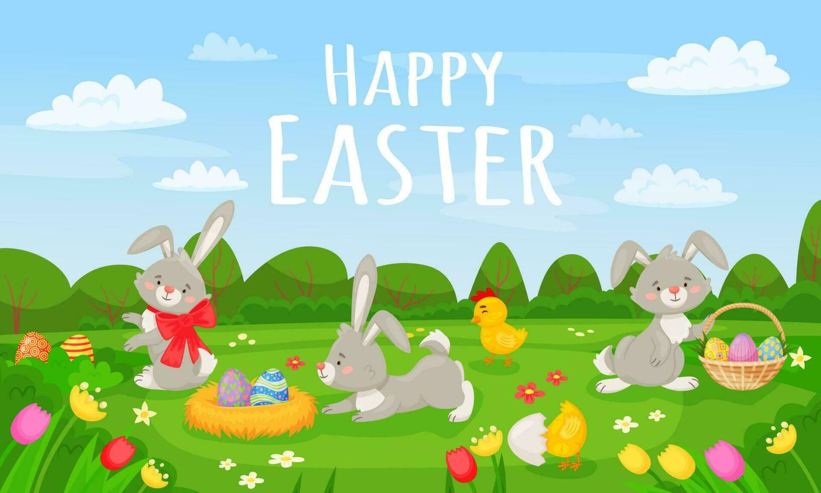 dessin animé printemps paysage avec mignonne Pâques lapins et des œufs. content Pâques carte, printemps Prairie paysage avec fleurs vecteur illustration