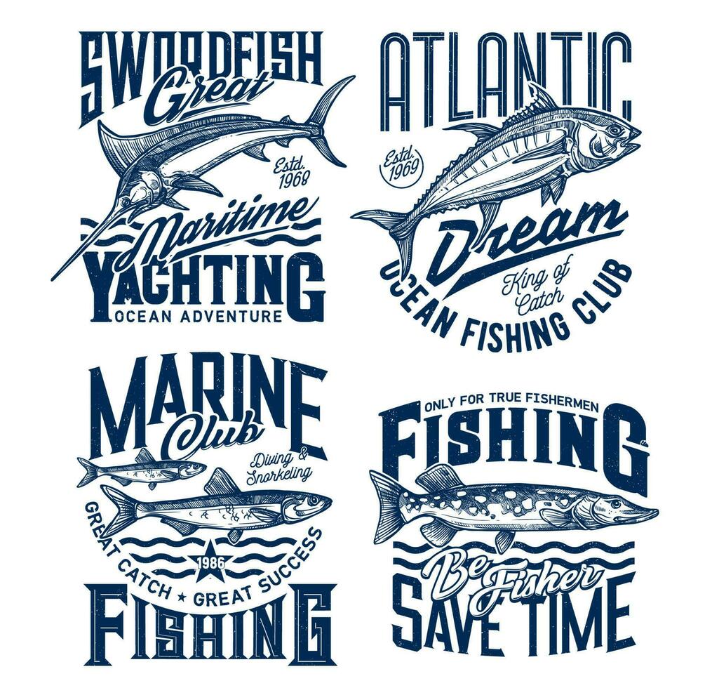 yachting et Marin pêche club T-shirt impressions vecteur