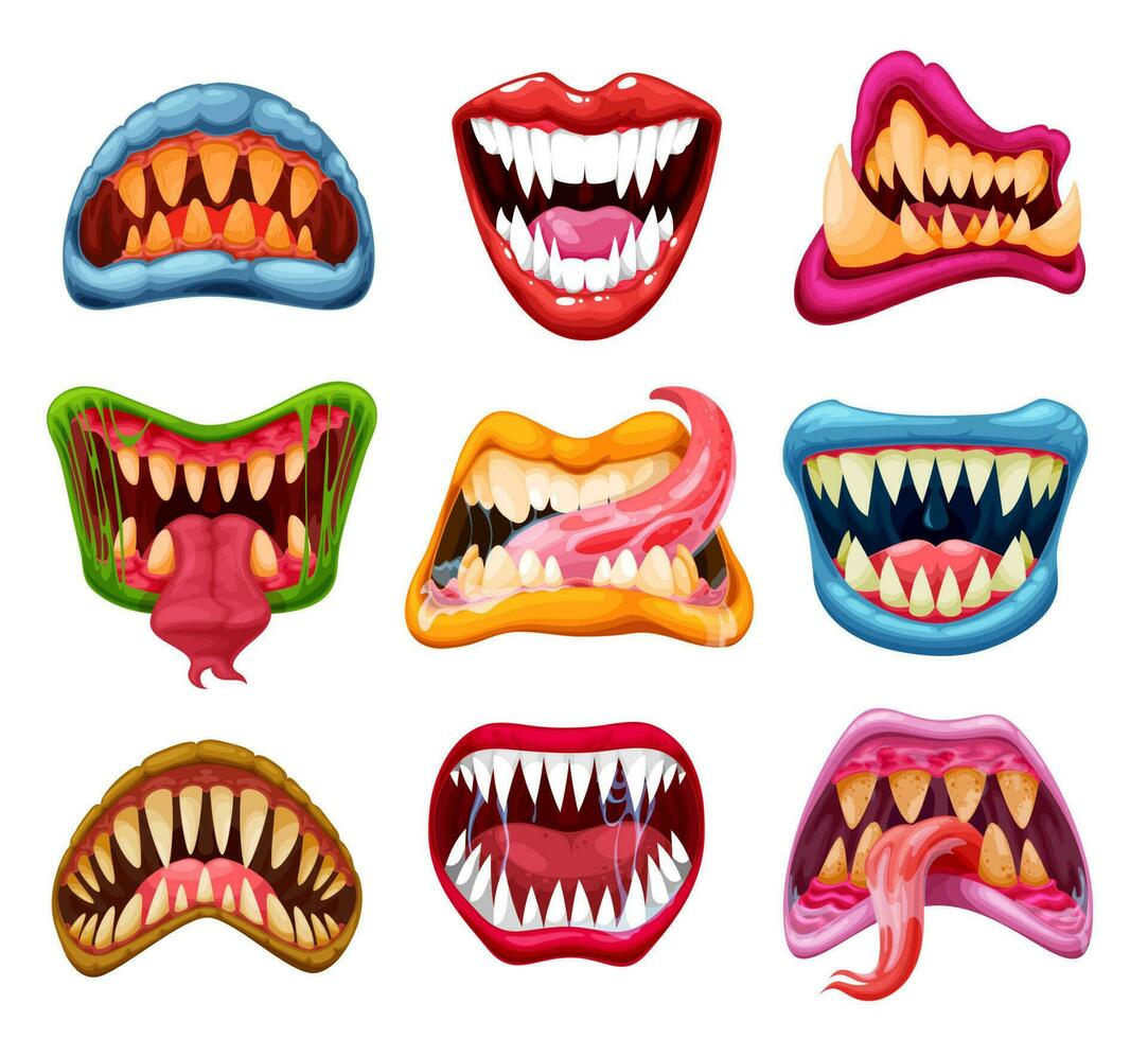 monstre mâchoires et bouches, dessin animé dents, langues vecteur
