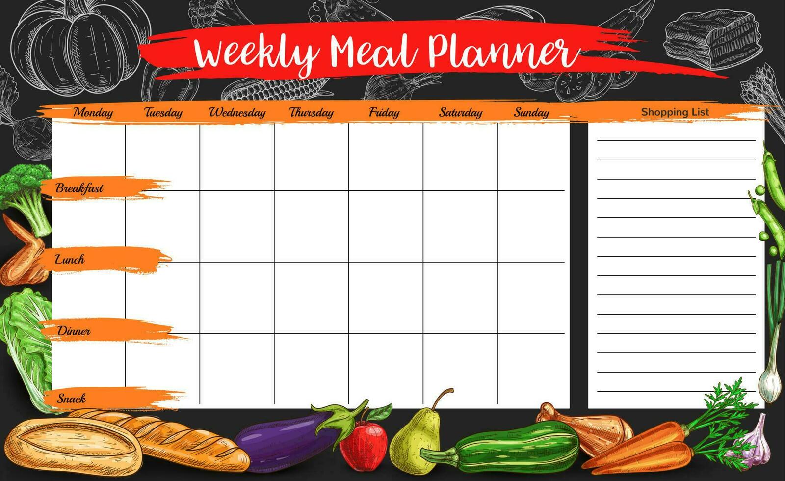 hebdomadaire repas planificateur, calendrier, la semaine nourriture plan vecteur